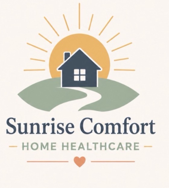 Sunrise Comfort logo — a sun rising behind a house on a green hill