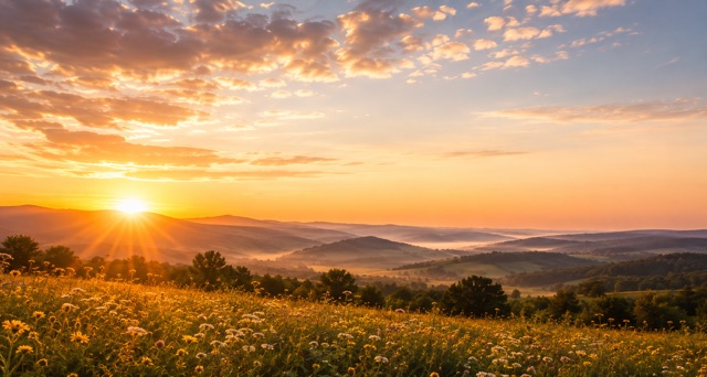 Sunrise over rolling hills and a wildflower meadow